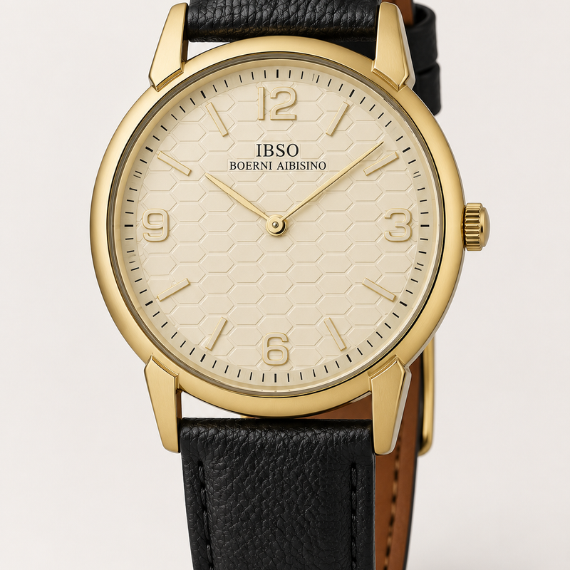 Herren-Quarzuhr – Goldfarbenes Gehäuse, cremefarbenes Zifferblatt und schwarzes Lederarmband