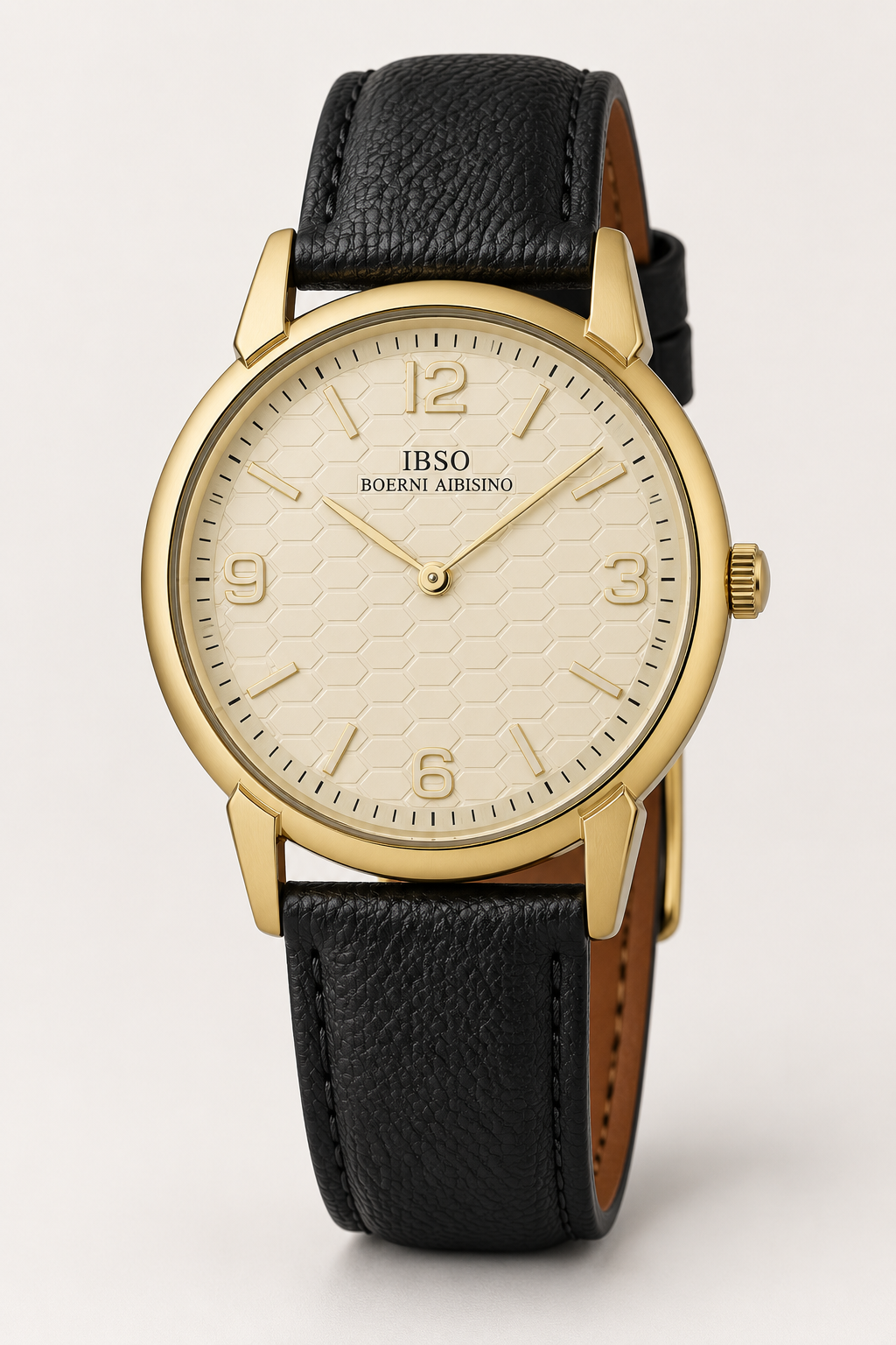 Herren-Quarzuhr – Goldfarbenes Gehäuse, cremefarbenes Zifferblatt und schwarzes Lederarmband