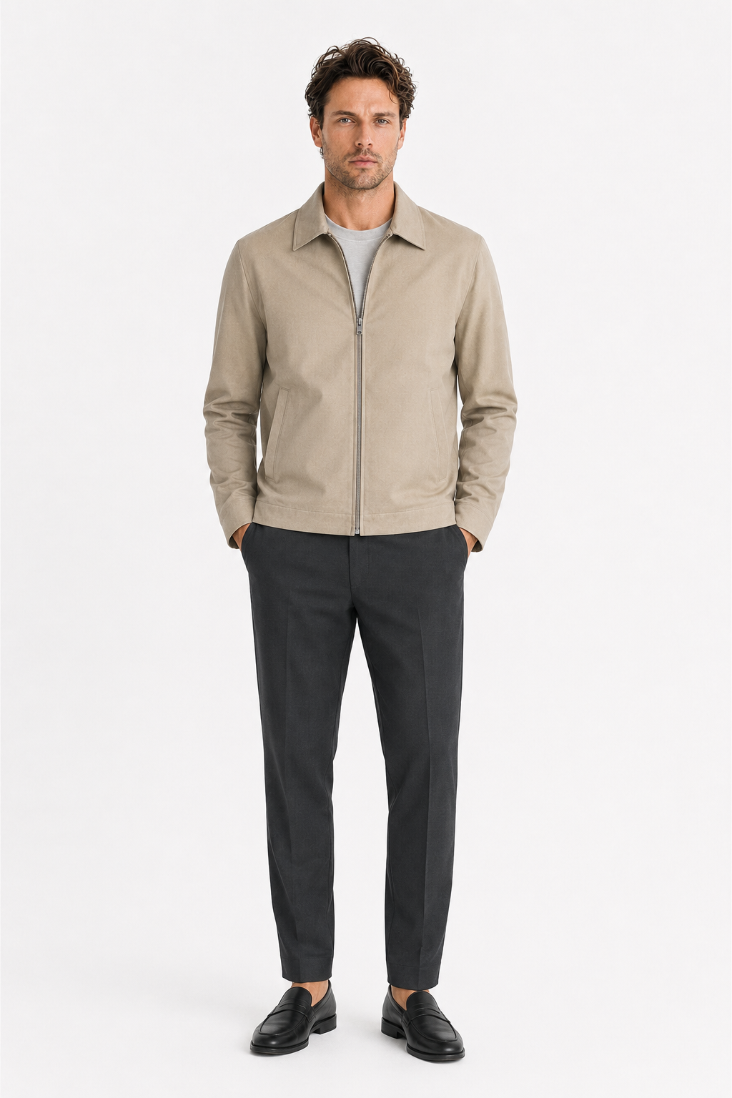 Herren-Übergangsjacke mit Reißverschluss, klassischem Kragen und lockerer Passform