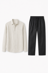 Leinen-Set für Männer - Langarm, Beige-Schwarz, luftig-leicht