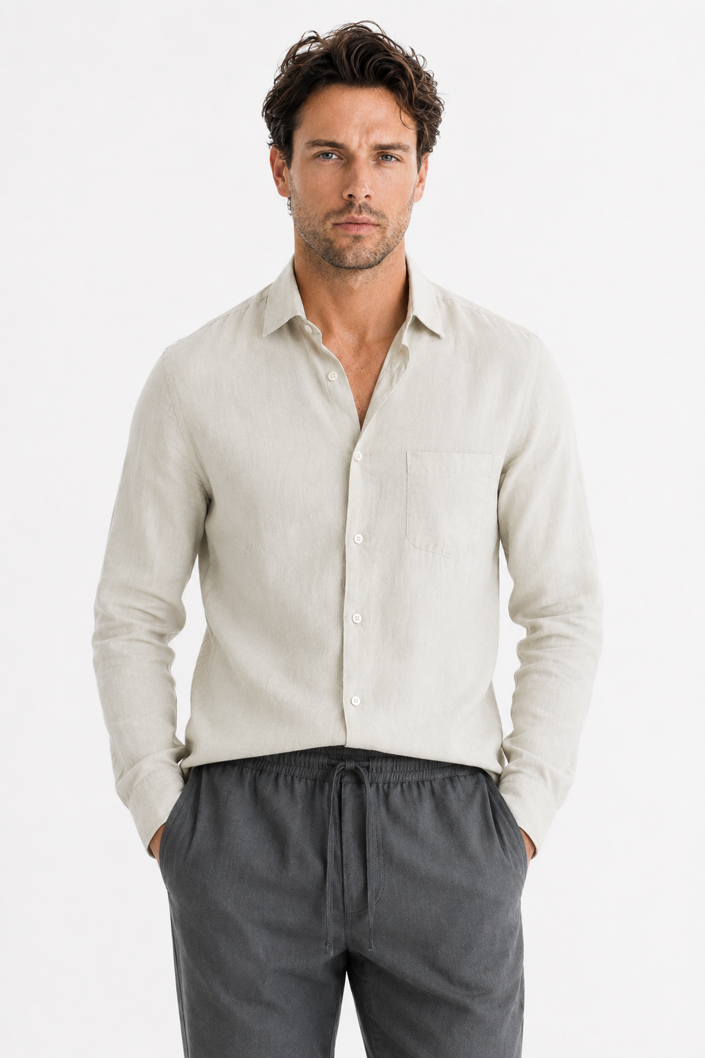 Männer Leinen-Set Langarm - Luftig-leicht für den Sommer Beige/Grau