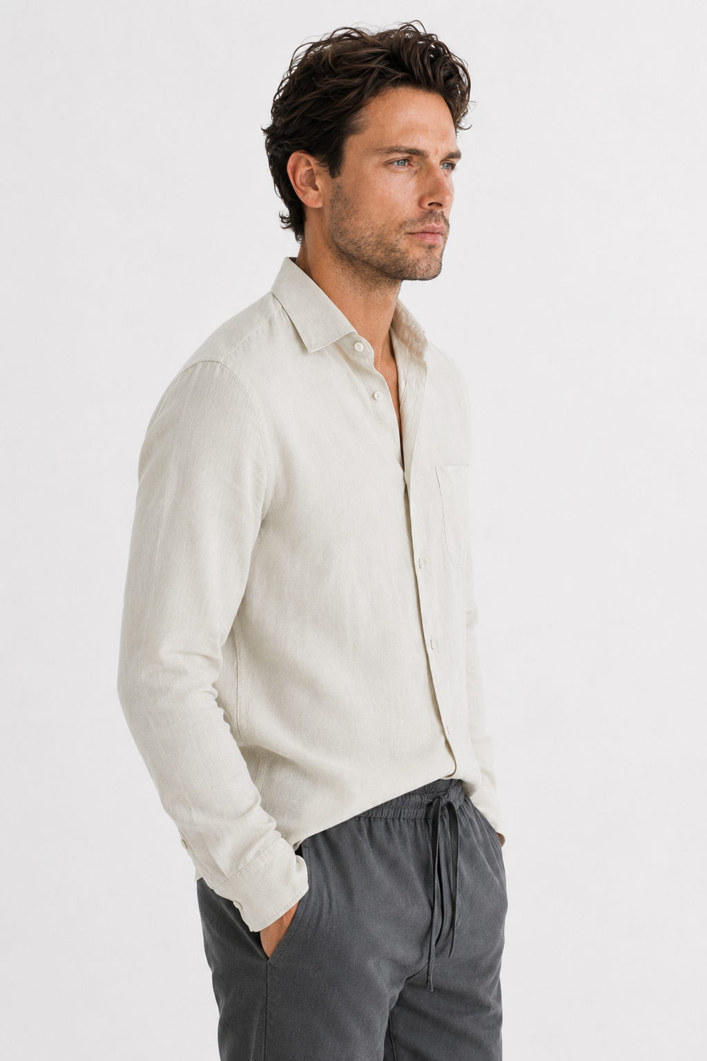 Männer Leinen-Set Langarm - Luftig-leicht für den Sommer Beige/Grau