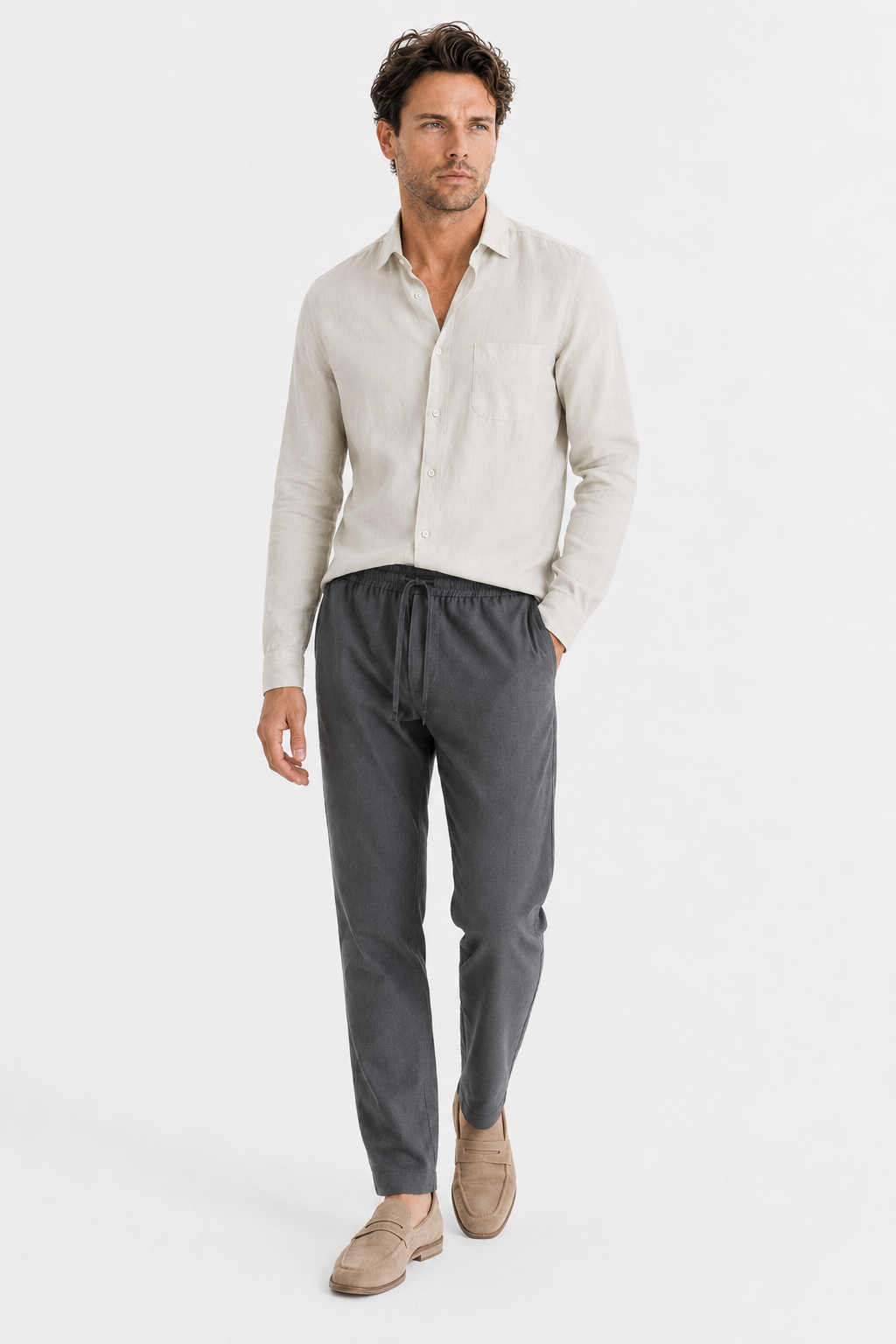 Männer Leinen-Set Langarm - Luftig-leicht für den Sommer Beige/Grau