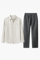 Männer Leinen-Set Langarm - Luftig-leicht für den Sommer Beige/Grau