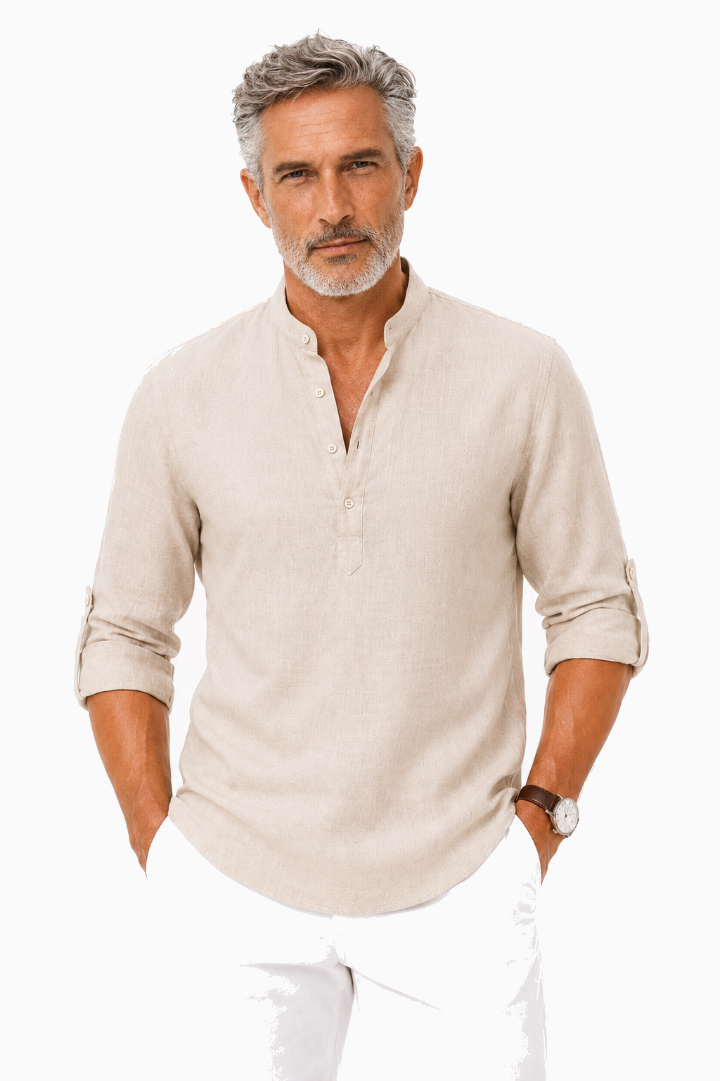 Herren Leinenhemd Khaki – Langarm Stehkragen Sommerhemd