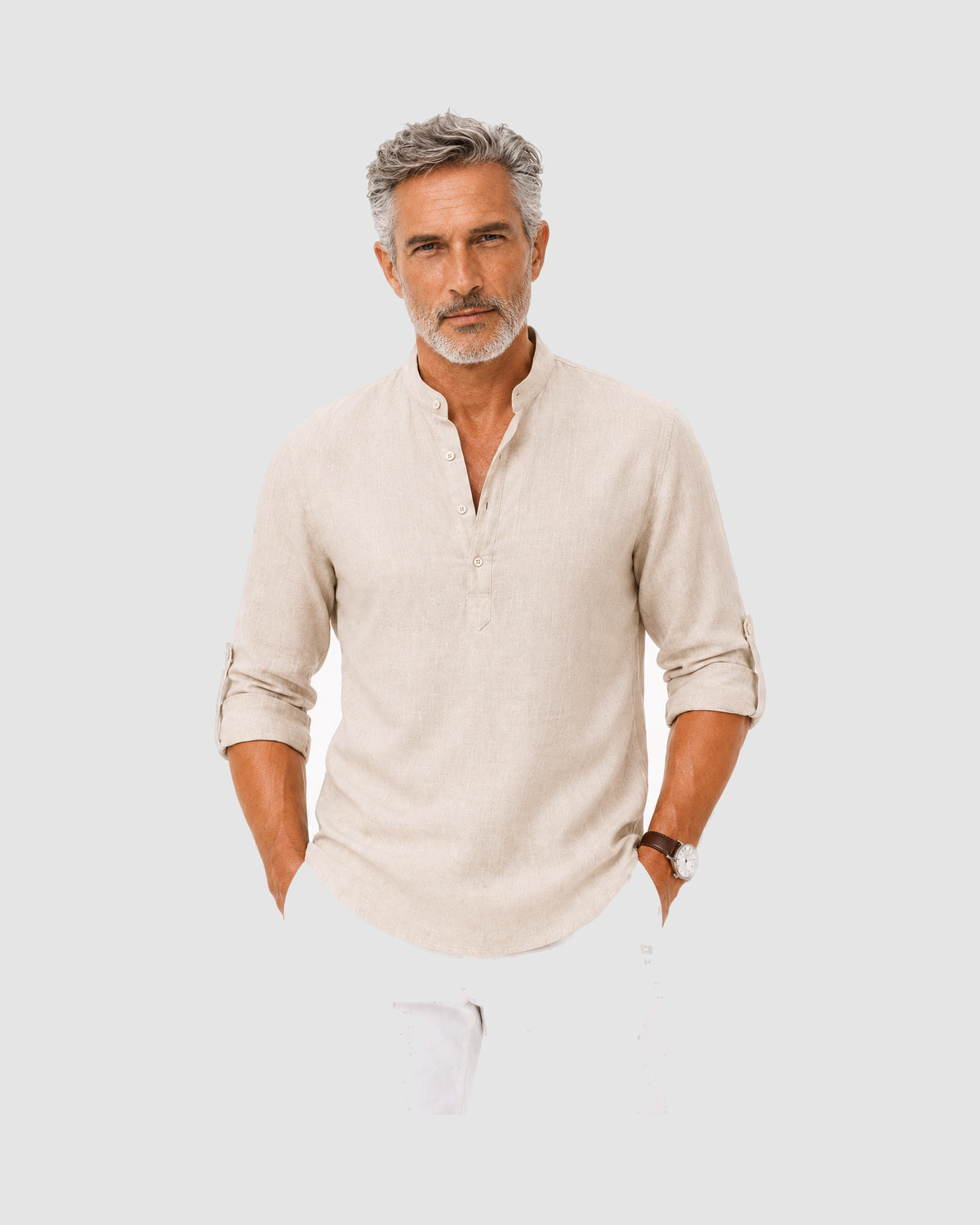 Herren Hemd mit Stehkragen, Langarm – Khaki, Bild 2