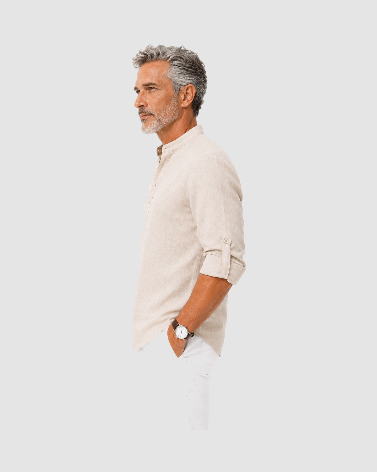 Herren Hemd mit Stehkragen, Langarm – Khaki, Bild 3