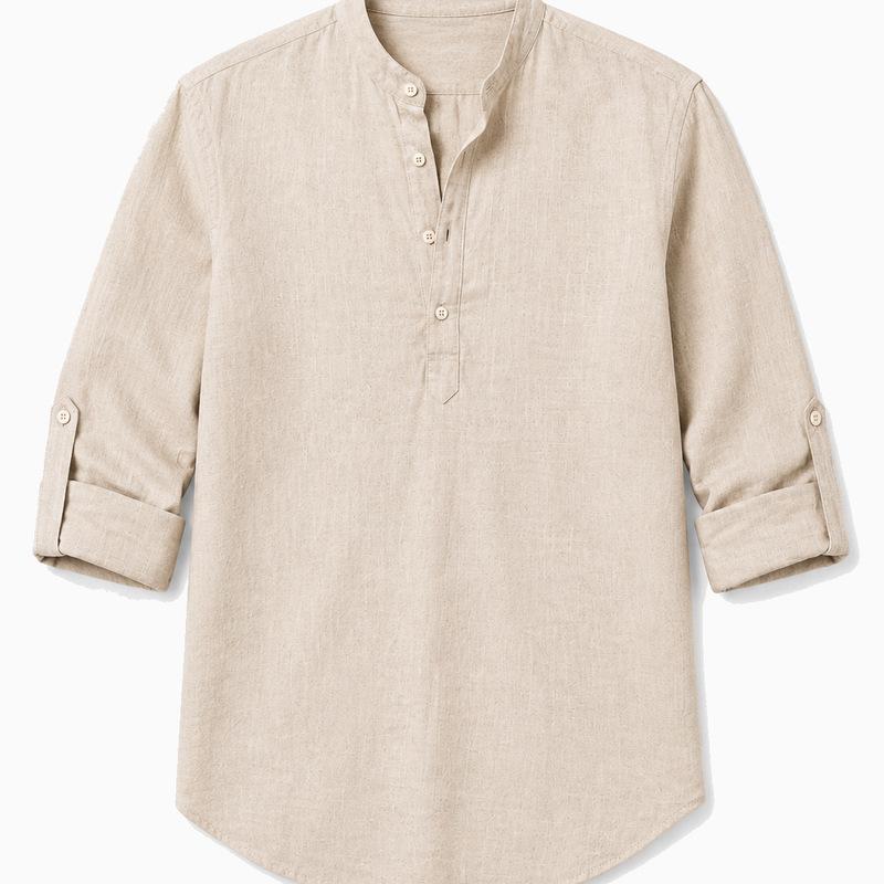 Herren Leinenhemd Khaki – Langarm Stehkragen Sommerhemd