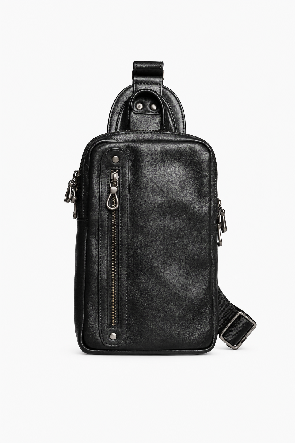 Schwarze Herren Sling Bag aus Echtleder mit Reißverschlusstaschen