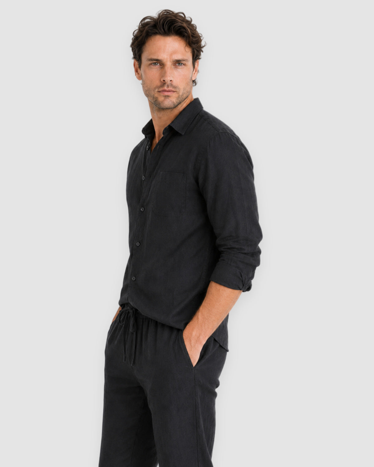 Herren Leinen-Set Langarm mit Hose – Schwarz, Bild 5