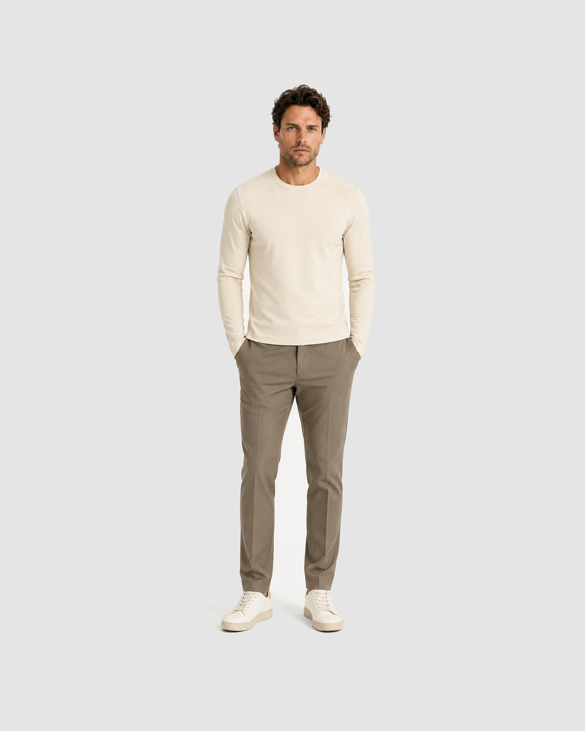 Herren Longsleeve mit Rundhals – Sandbeige, Bild 3
