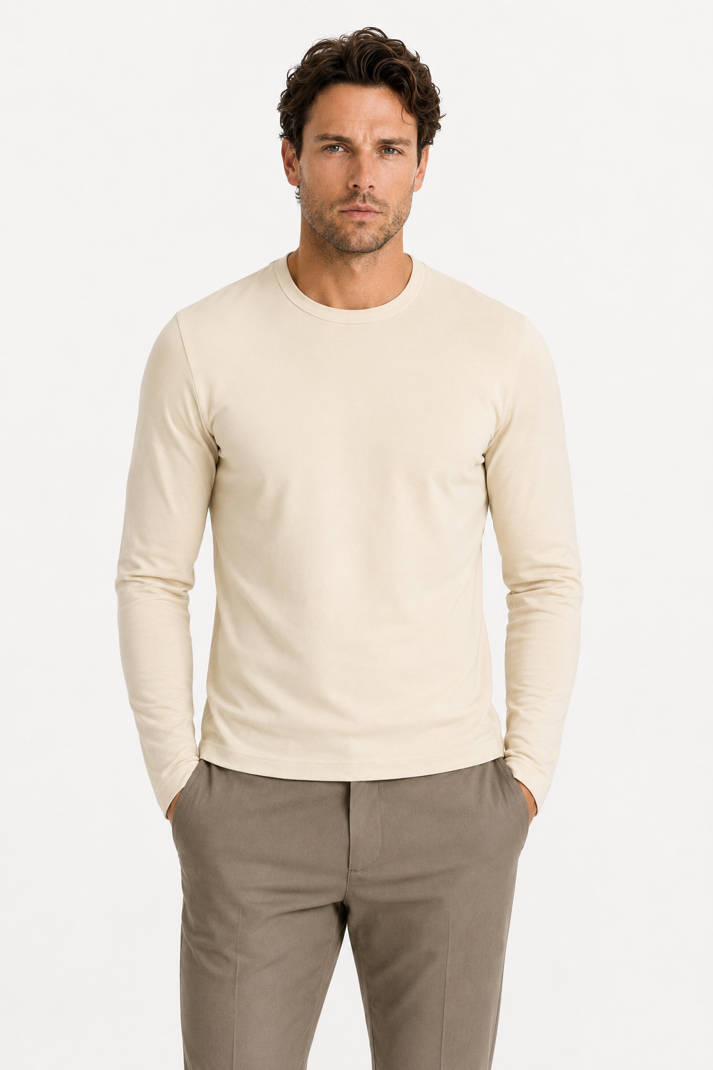 Longsleeve Herren Baumwolle Rundhals Soft Sand