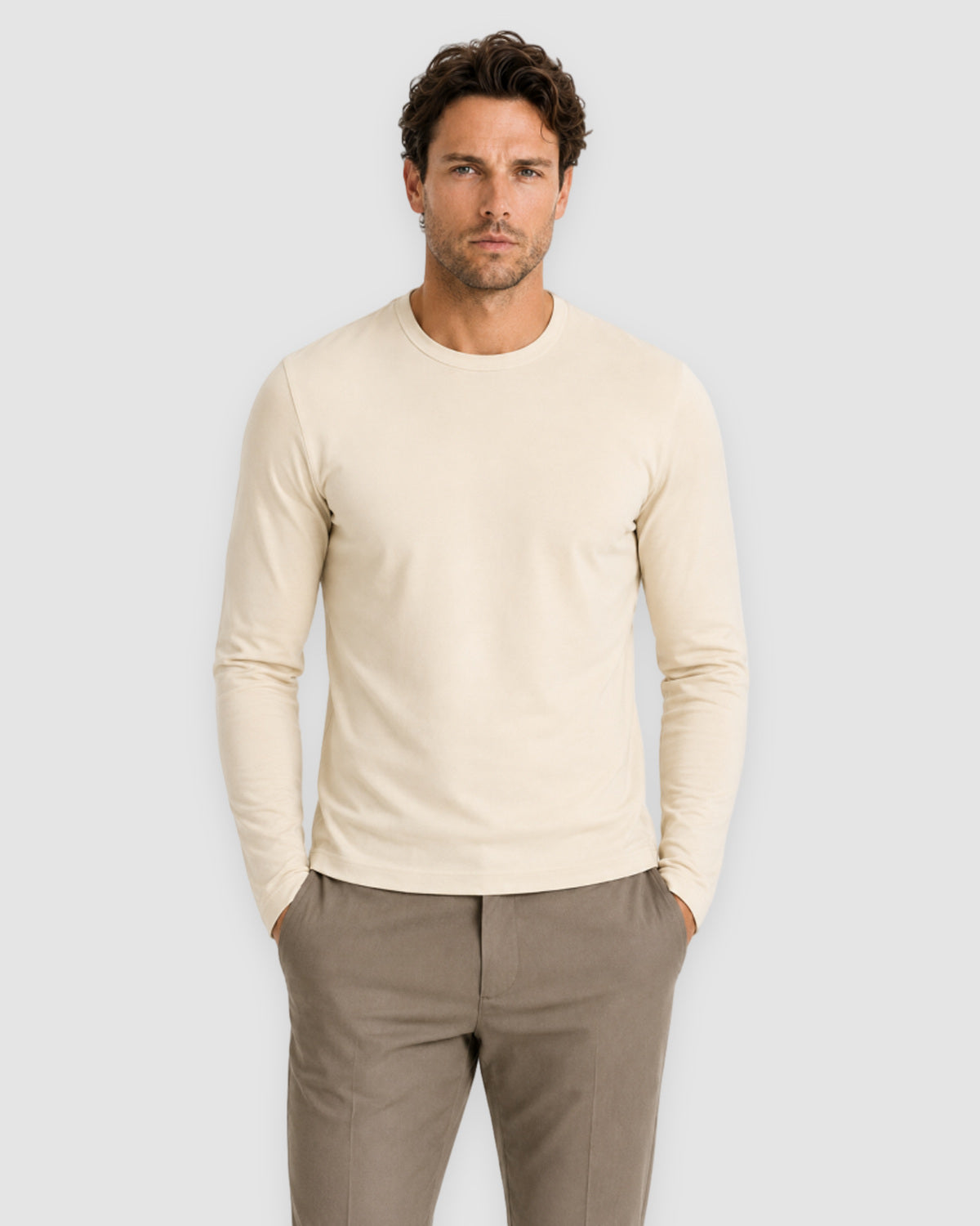 Herren Longsleeve mit Rundhals – Sandbeige, Bild 2