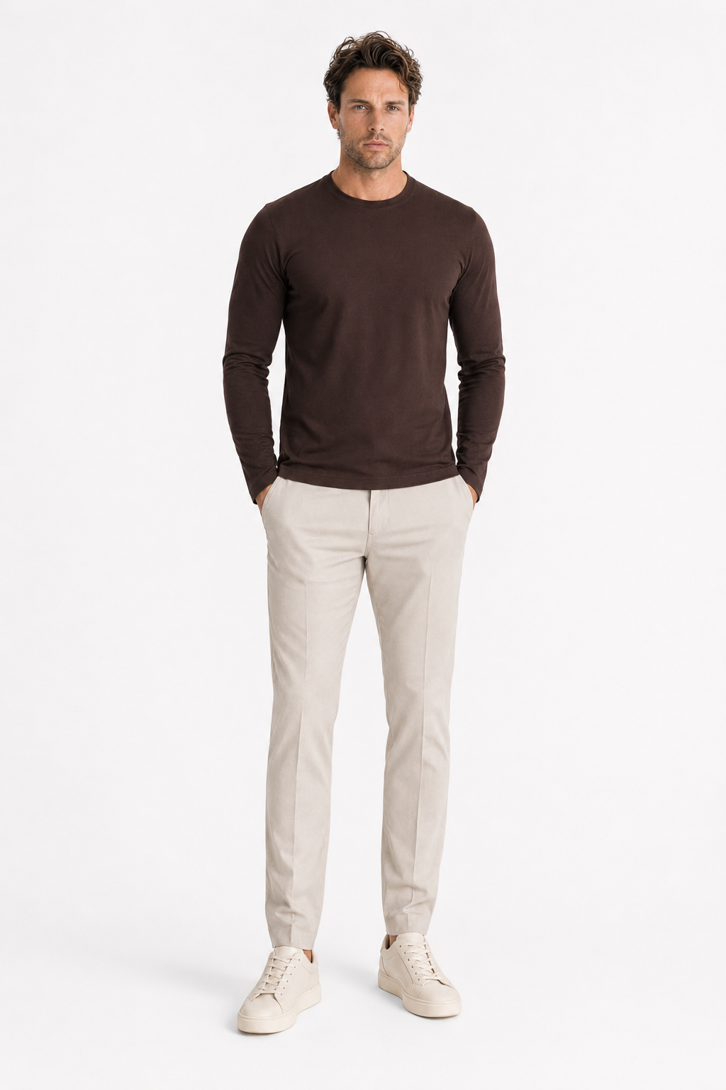 Longsleeve Herren Baumwolle Rundhals Rich Espresso