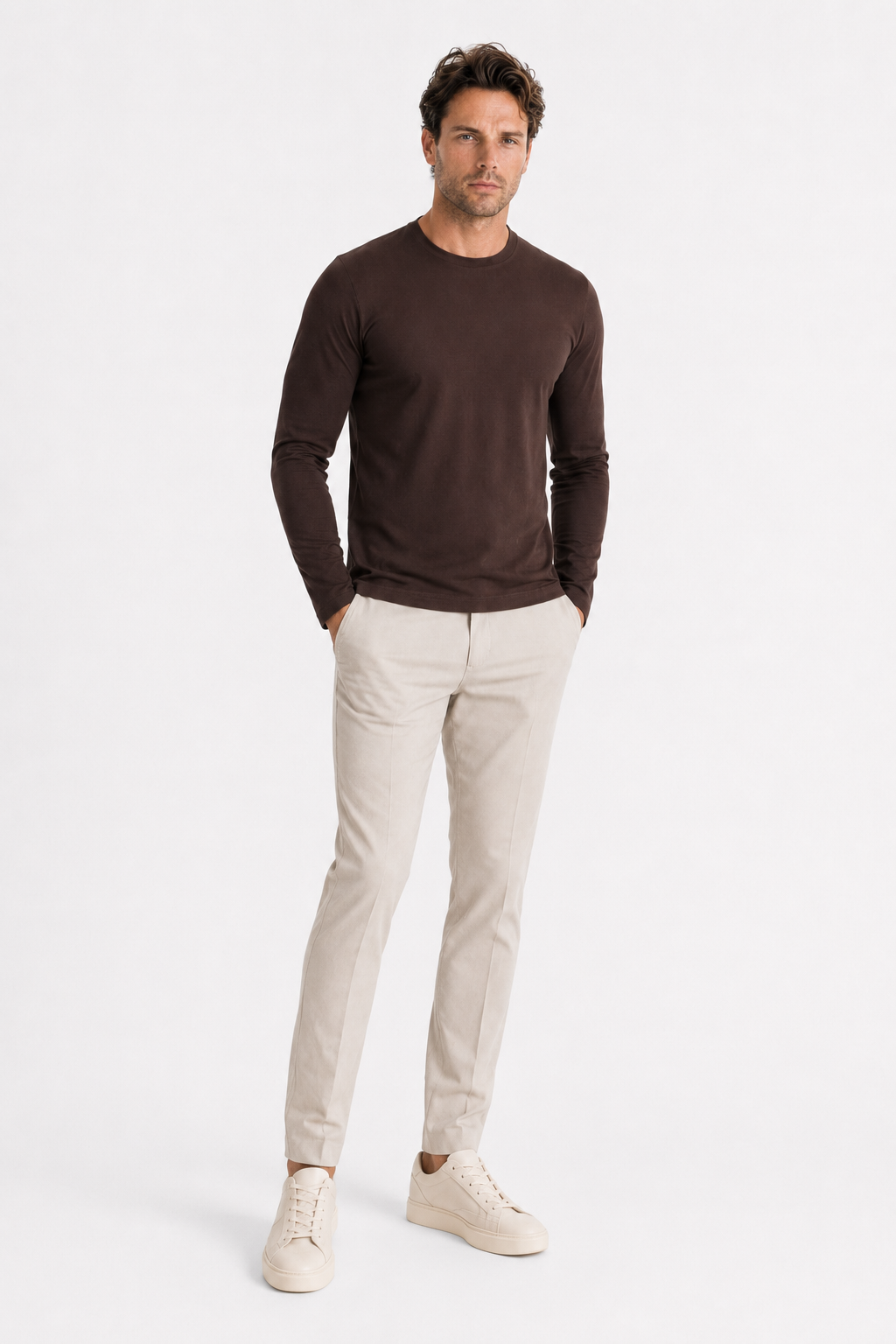 Longsleeve Herren Baumwolle Rundhals Rich Espresso
