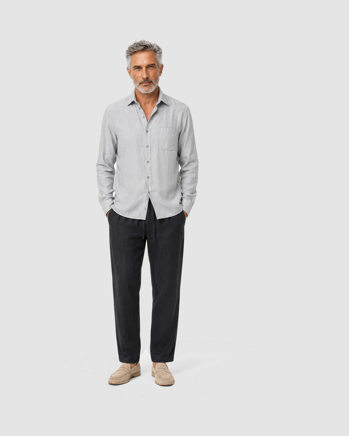 Herren Leinen-Set Langarm mit Hose – Grau/Schwarz, Bild 2