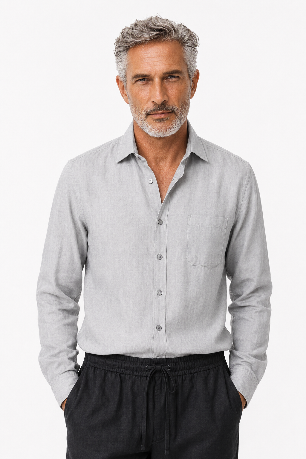 Männer Leinen Sommer Set - Langarmshirt & Hose Grau/Schwarz