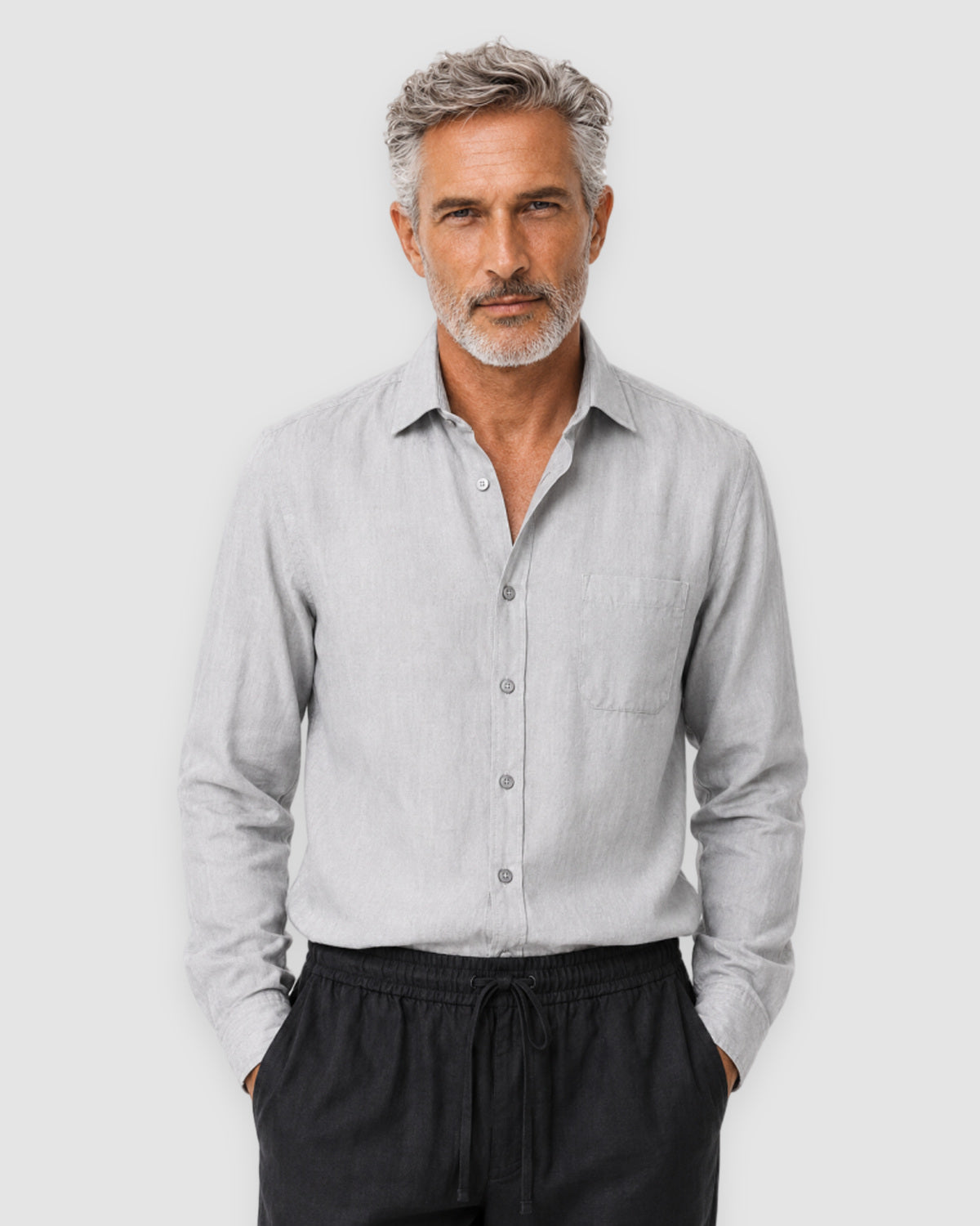 Herren Leinen-Set Langarm mit Hose – Grau/Schwarz, Bild 3