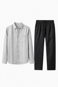 Männer Leinen Sommer Set - Langarmshirt & Hose Grau/Schwarz