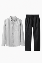 Männer Leinen Sommer Set - Langarmshirt & Hose Grau/Schwarz