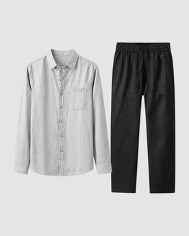 Herren Leinen-Set Langarm mit Hose – Grau/Schwarz in Grau-Schwarz