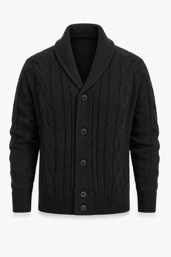 Herren Strickjacke mit Schalkragen und Zopfmuster aus Polyester