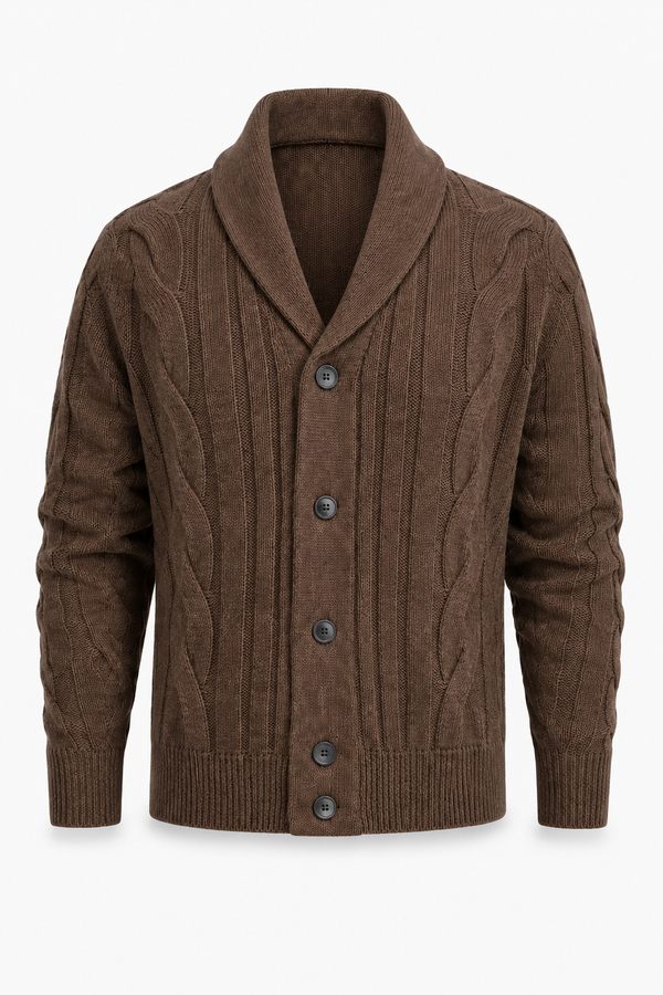Herren Strickjacke Braun mit Zopfmuster und Schalkragen – Warm & Klassisch