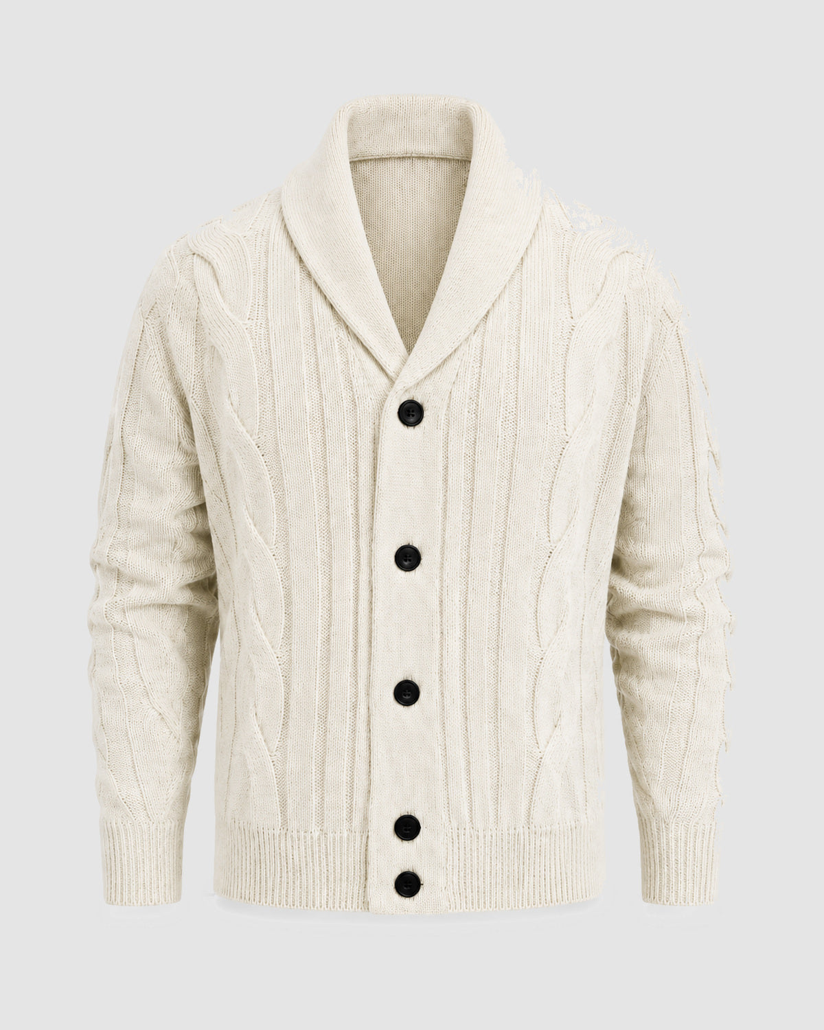 Herren Strickjacke mit Schalkragen und Zopfmuster – Creme