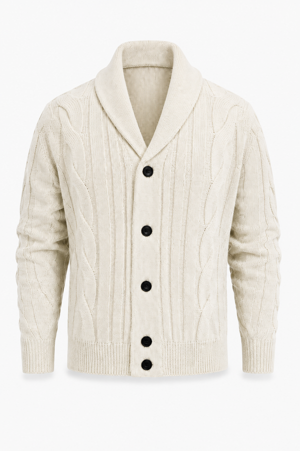 Herren Strickjacke Creme mit Zopfmuster und Schalkragen