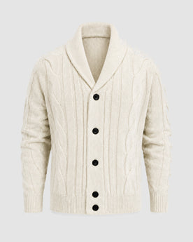 Herren Strickjacke mit Schalkragen und Zopfmuster – Creme