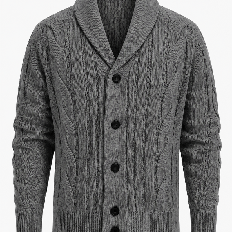 Herren Strickjacke Grau mit Zopfmuster und Schalkragen