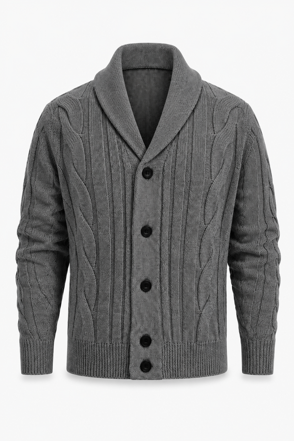 Herren Strickjacke Grau mit Zopfmuster und Schalkragen