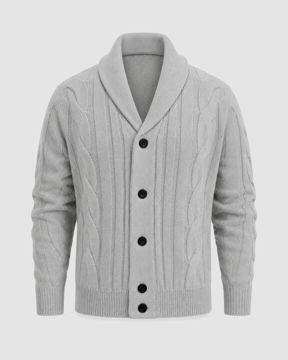 Herren Strickjacke mit Schalkragen und Zopfmuster – Hellgrau