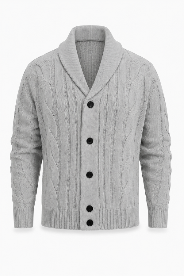 Herren Strickjacke Hellgrau mit Zopfmuster und Schalkragen