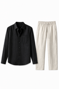 Männer Leinen-Set Langarm - Schwarz-Beige, leicht & atmungsaktiv