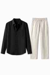 Männer Leinen-Set Langarm - Schwarz-Beige, leicht & atmungsaktiv