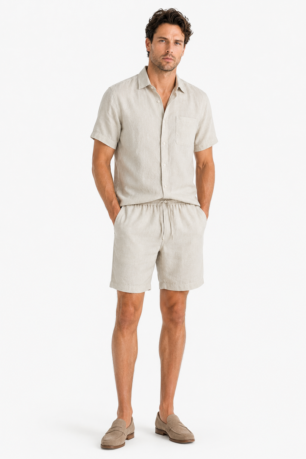 Leinen-Sommerset Beige Kurzarm - Atmungsaktiver Zweiteiler