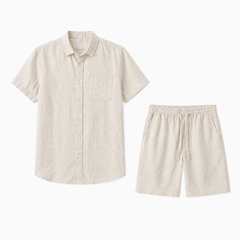 Herren Leinen-Sommerset Beige Kurzarm - Atmungsaktiver Zweiteiler