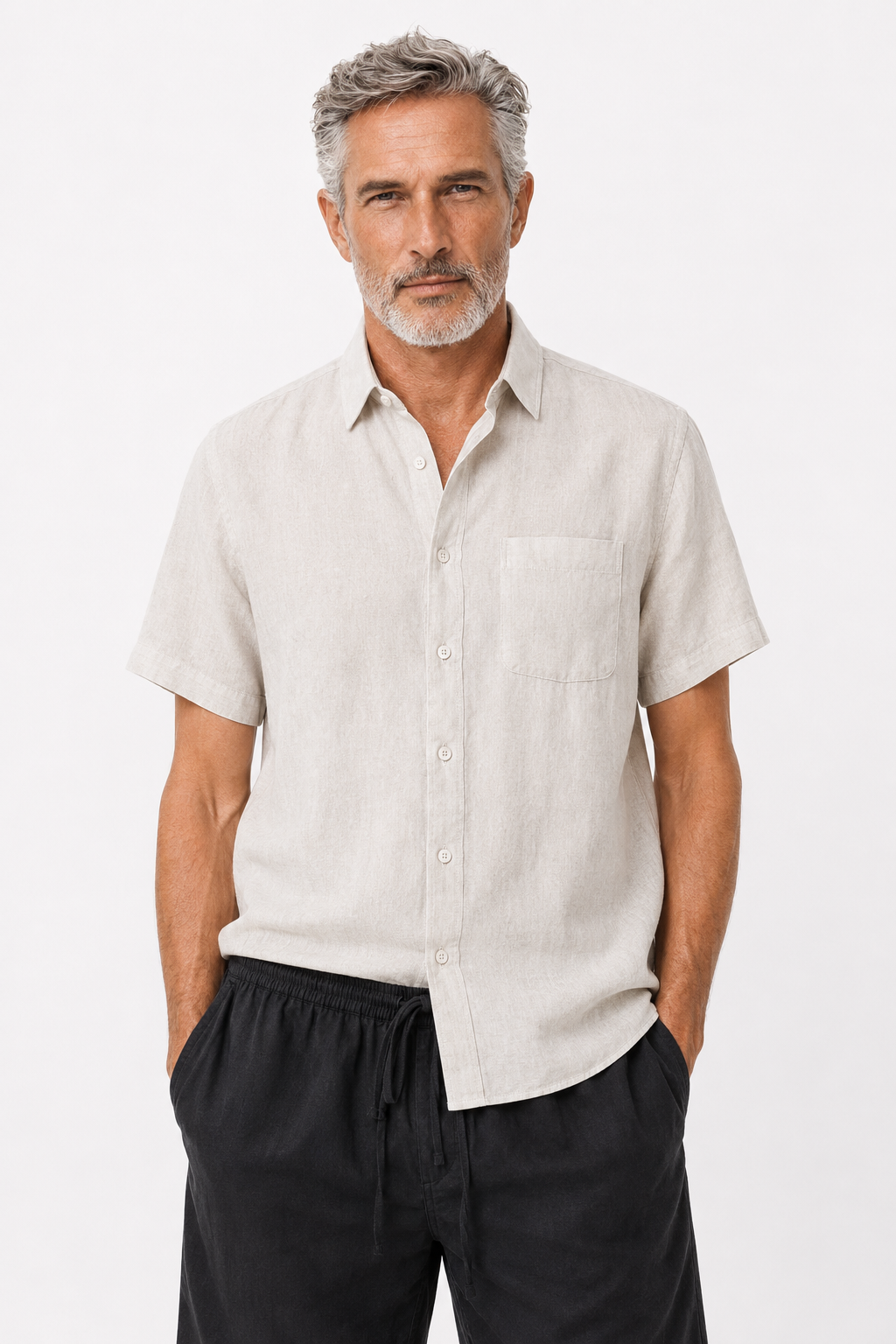 Männer Sommer Set Leinen Kurzarm - Beige-Schwarz, bequem