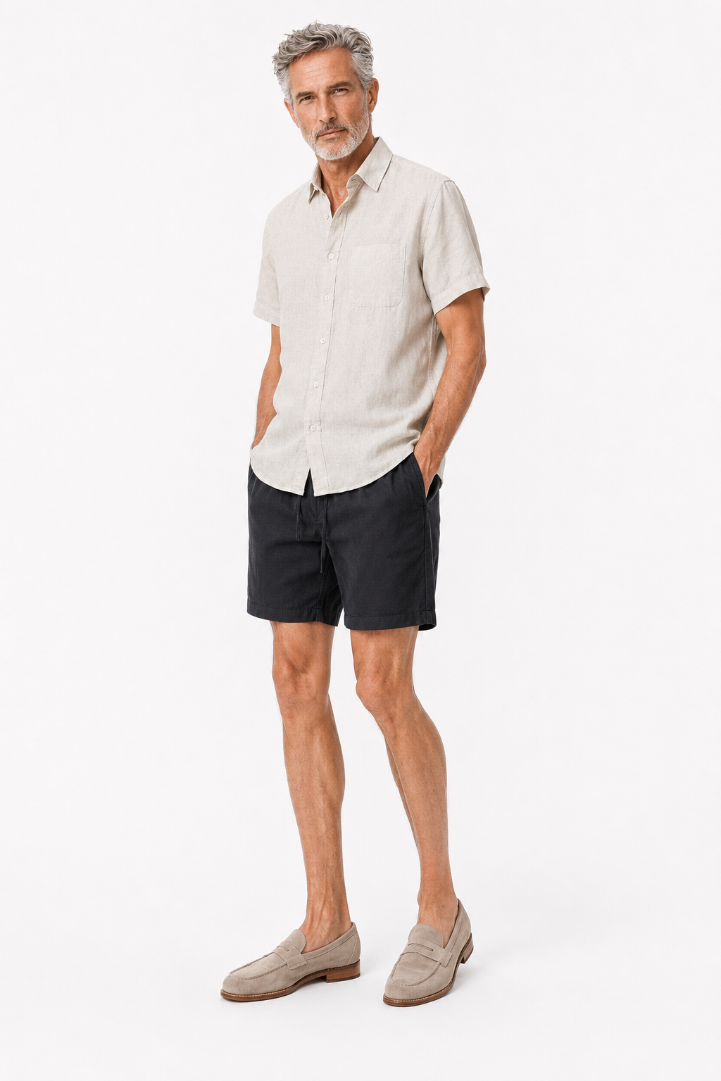 Männer Sommer Set Leinen Kurzarm - Beige-Schwarz, bequem