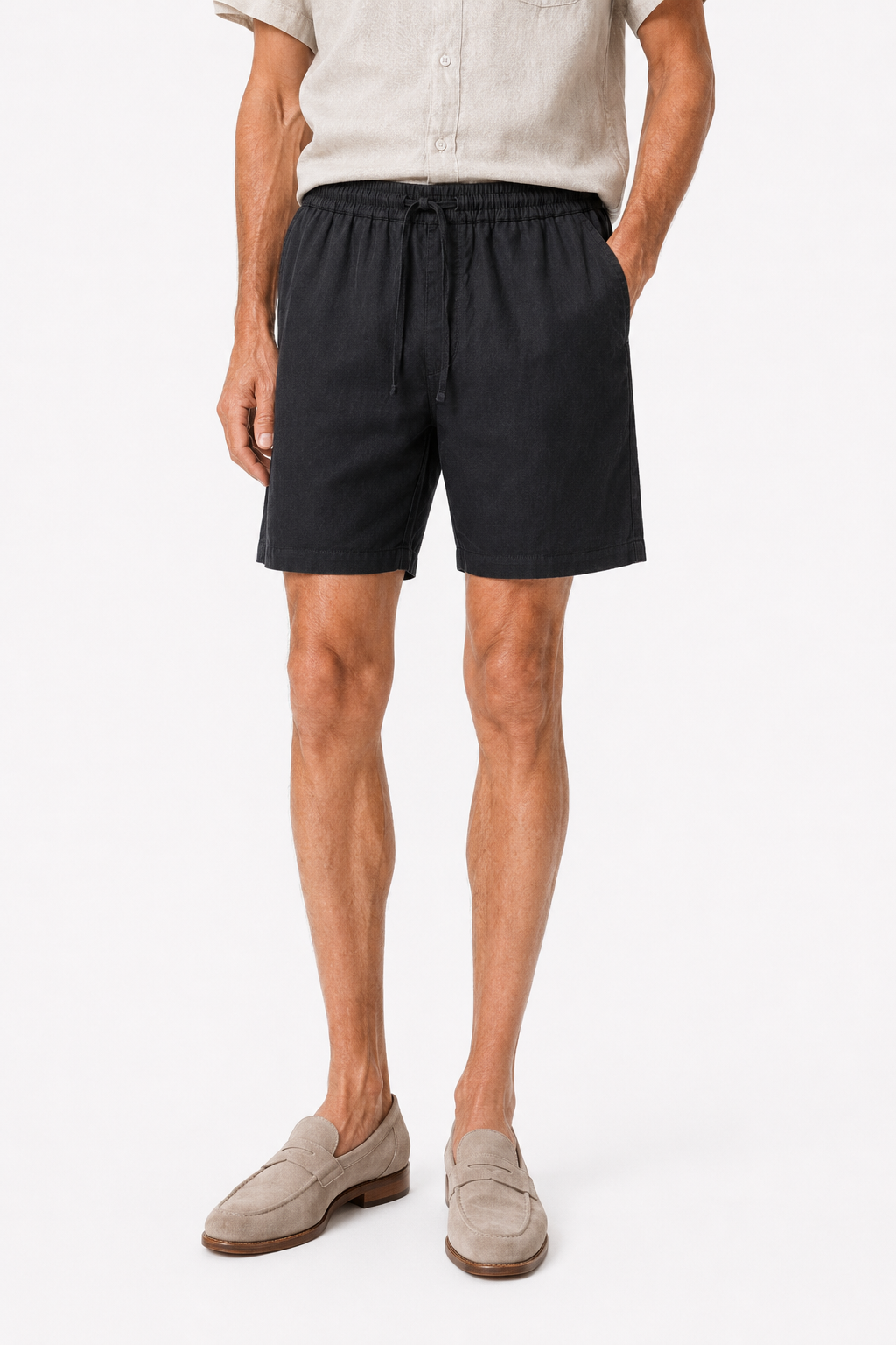 Männer Sommer Set Leinen Kurzarm - Beige-Schwarz, bequem