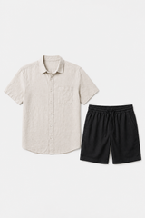 Männer Sommer Set Leinen Kurzarm - Beige-Schwarz, bequem