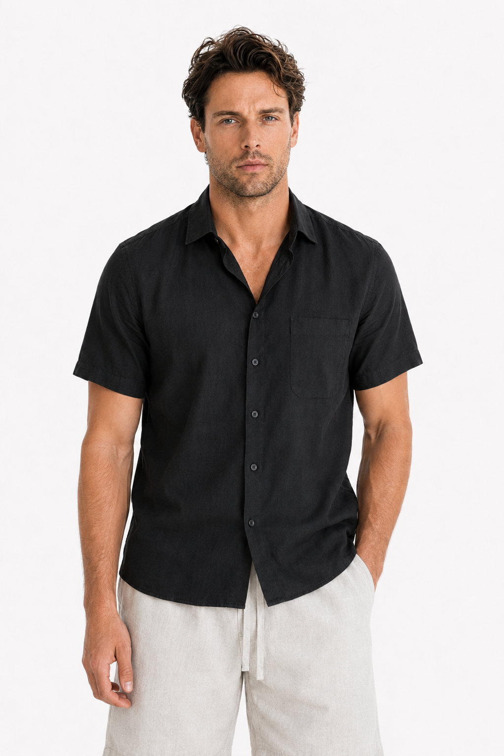 Leinen-Set Männer Kurzarm Schwarz-Beige - Luftig für den Sommer