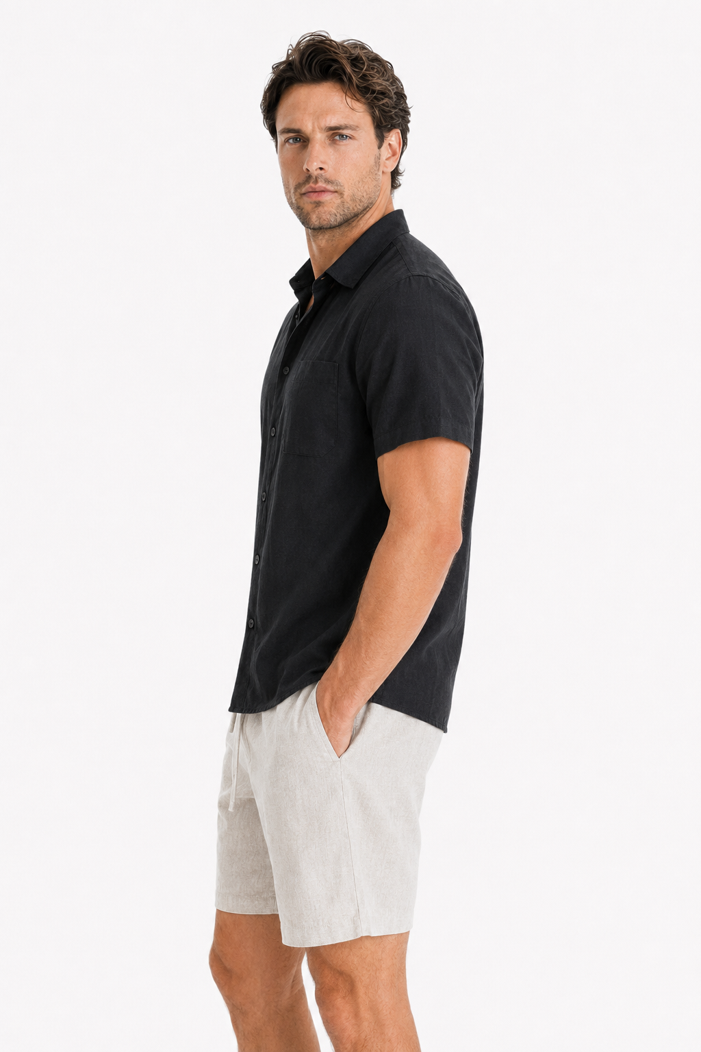 Leinen-Set Männer Kurzarm Schwarz-Beige - Luftig für den Sommer