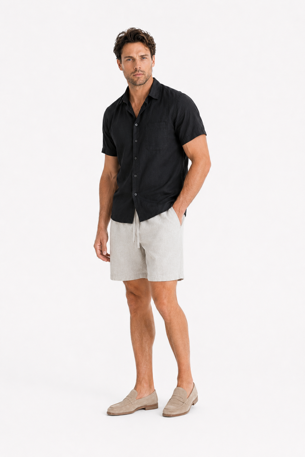Leinen-Set Männer Kurzarm Schwarz-Beige - Luftig für den Sommer