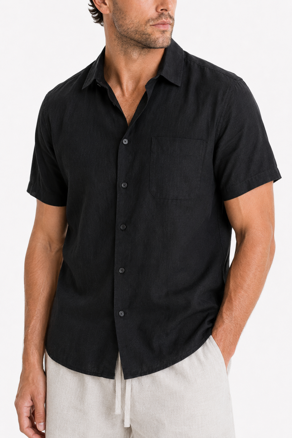 Leinen-Set Männer Kurzarm Schwarz-Beige - Luftig für den Sommer