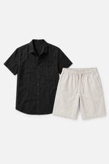 Leinen-Set Männer Kurzarm Schwarz-Beige - Luftig für den Sommer