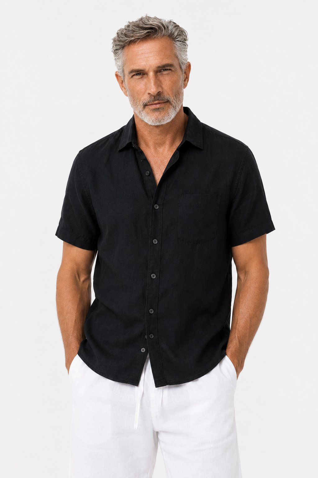 Leinen Sommer Kurzarm Set - Schwarz-Weiß, locker geschnitten