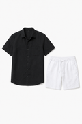 Leinen Sommer Kurzarm Set - Schwarz-Weiß, locker geschnitten