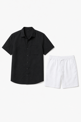 Leinen Sommer Kurzarm Set - Schwarz-Weiß, locker geschnitten